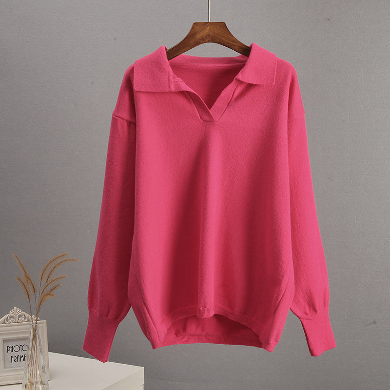 V NECK COLLARED LONG SLEEVE WOMEN KNIT TOP