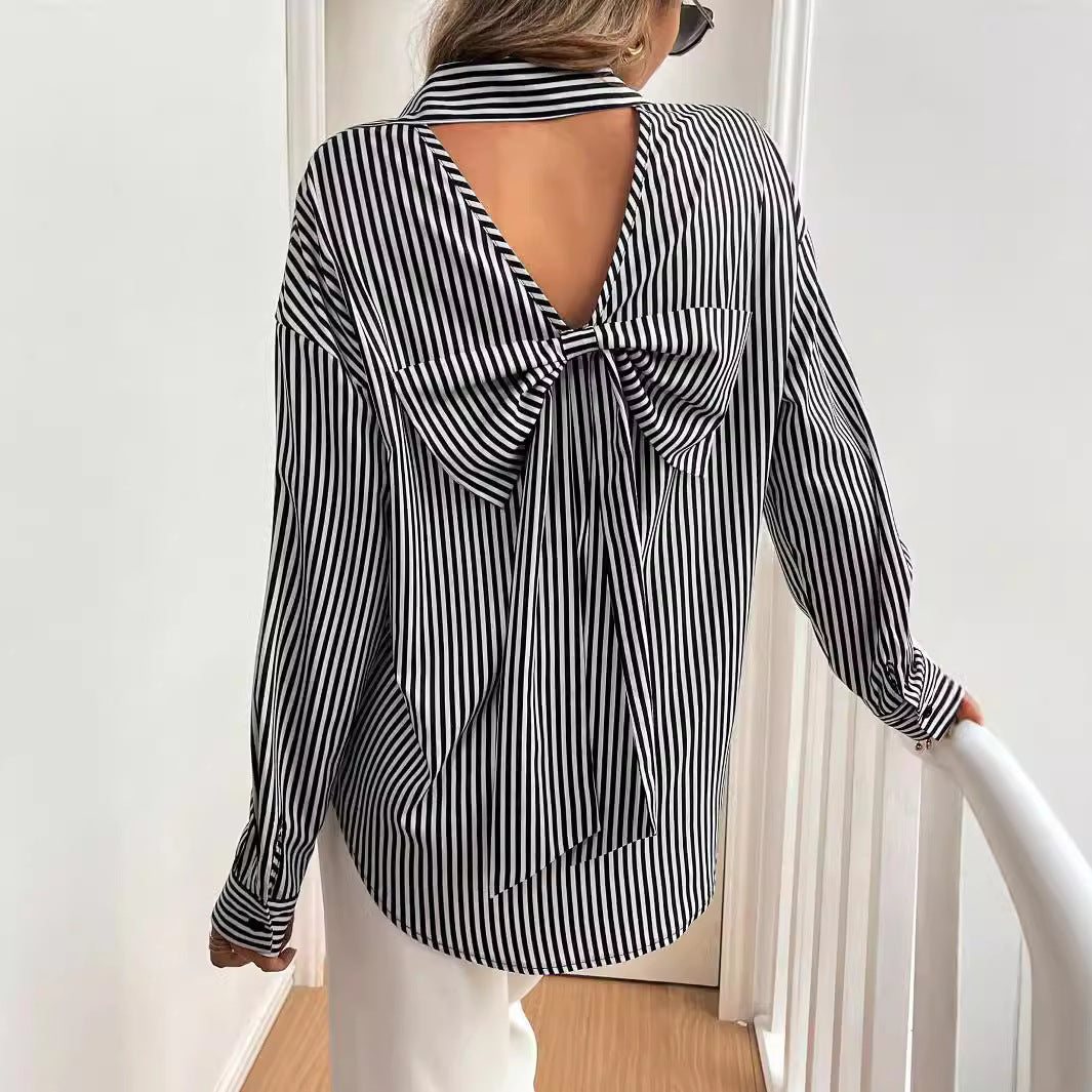 Striped Bow Detail Women Blouse Shirt Top Women Casual Knit Workwear Stripe Blouse Top Stripe Button Down Top - Cat Mom Paradise