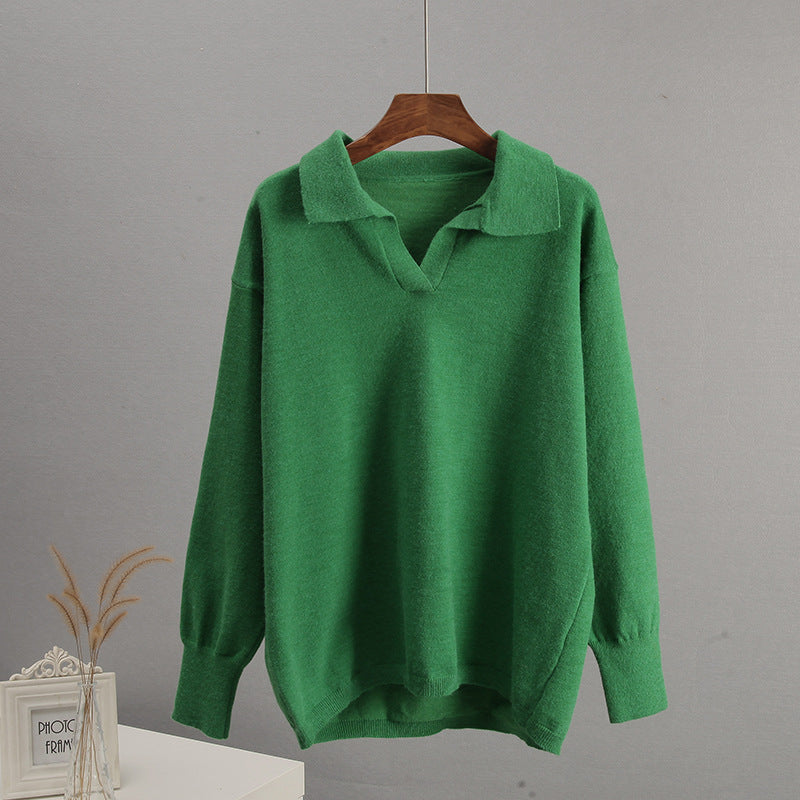 V NECK COLLARED LONG SLEEVE WOMEN KNIT TOP