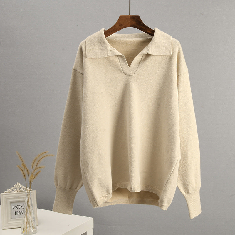 V NECK COLLARED LONG SLEEVE WOMEN KNIT TOP