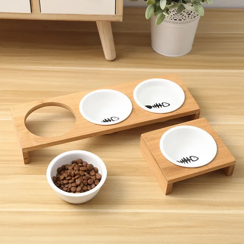 Ceramic Cat Food Bowl with Bamboo Stand