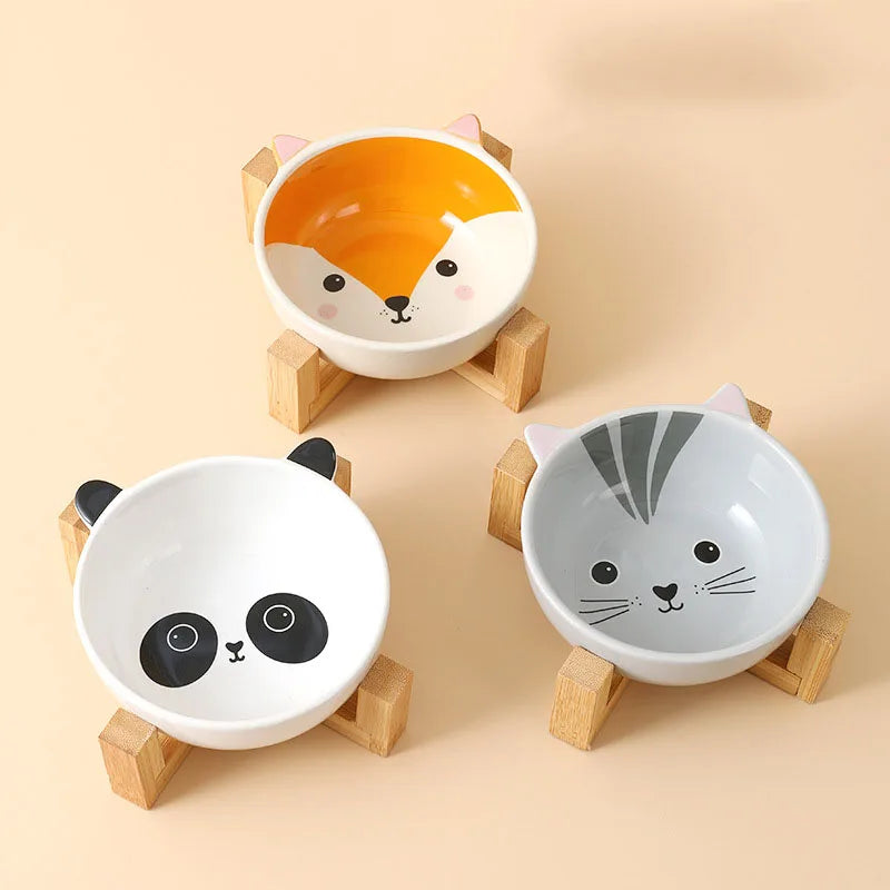 Ceramic Cartoon Pets Bowl with Wooden Stand