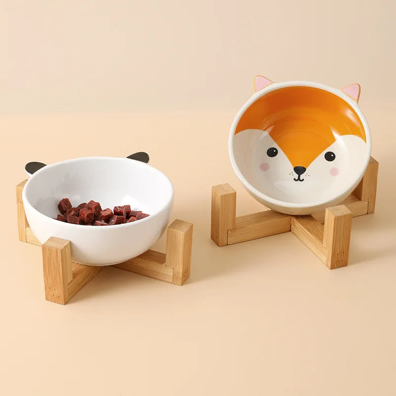 Ceramic Cartoon Pets Bowl with Wooden Stand