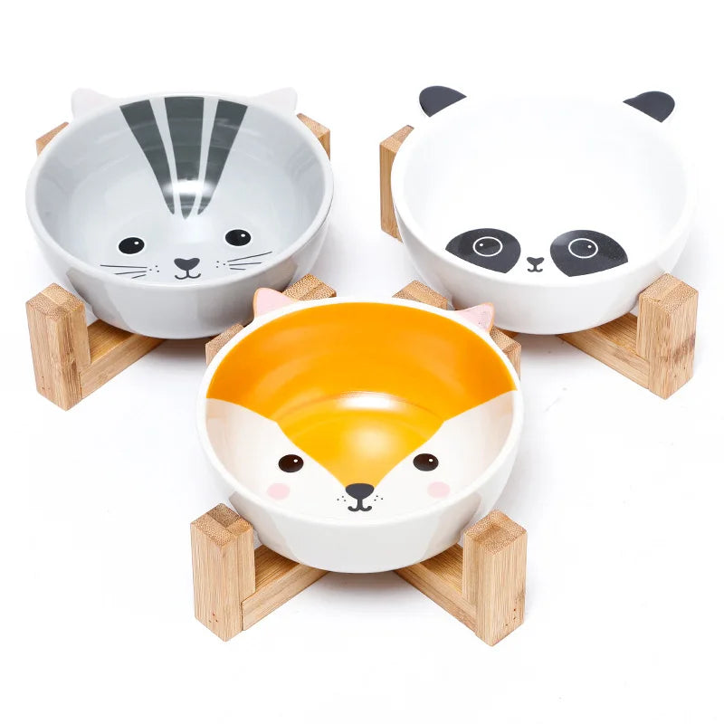 Ceramic Cartoon Pets Bowl with Wooden Stand