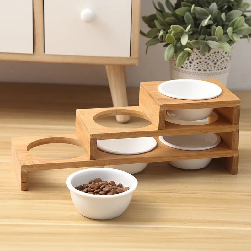 Ceramic Cat Food Bowl with Bamboo Stand