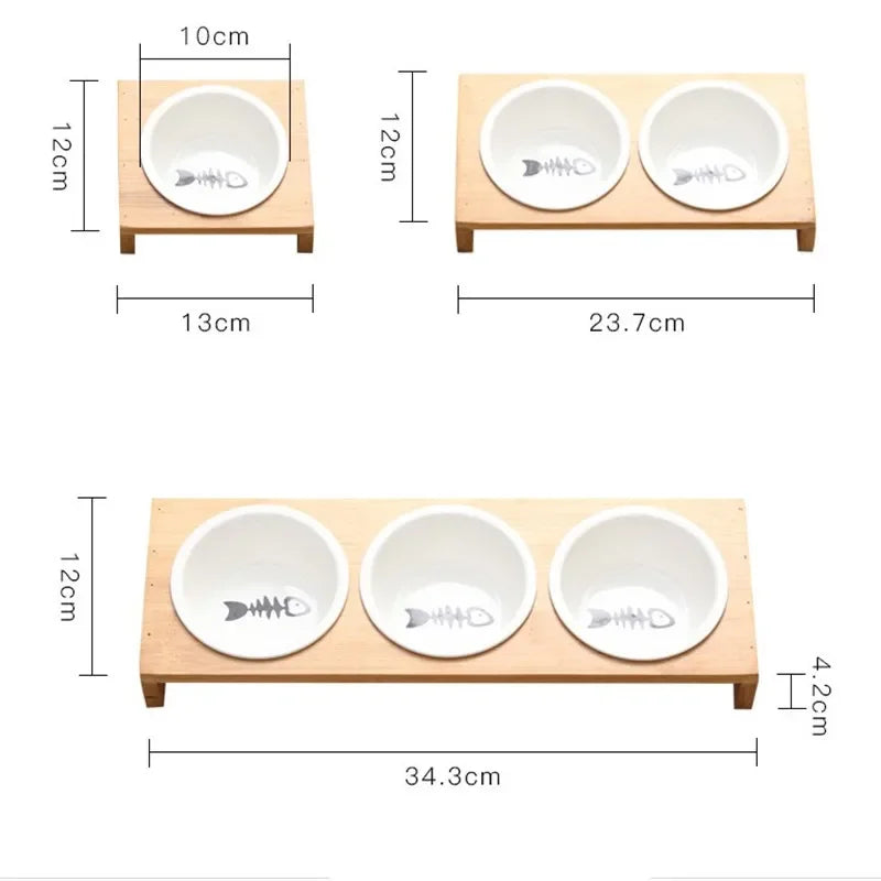 Ceramic Cat Food Bowl with Bamboo Stand