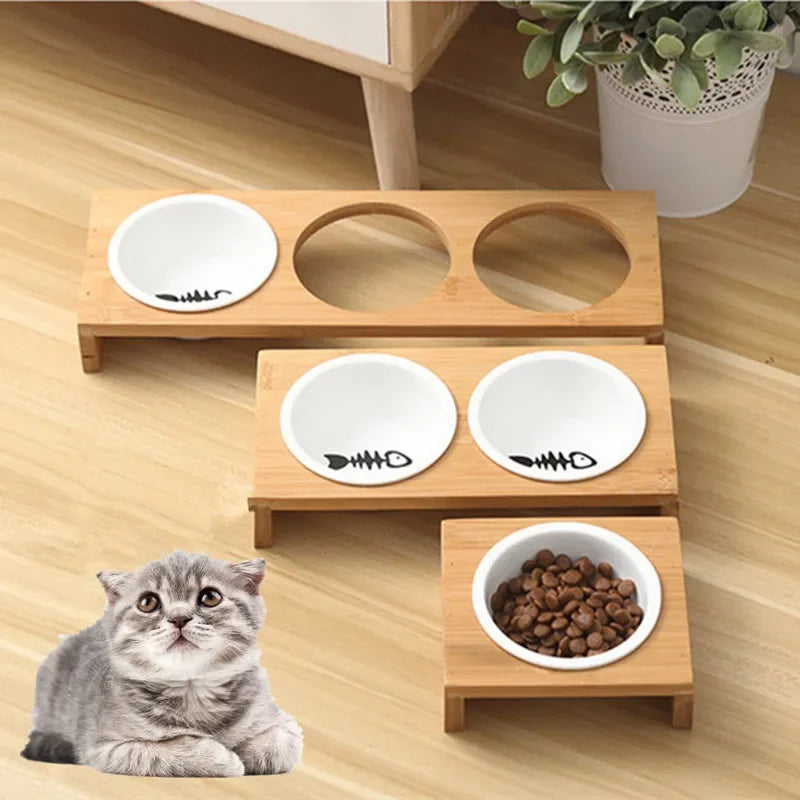 Ceramic Cat Food Bowl with Bamboo Stand