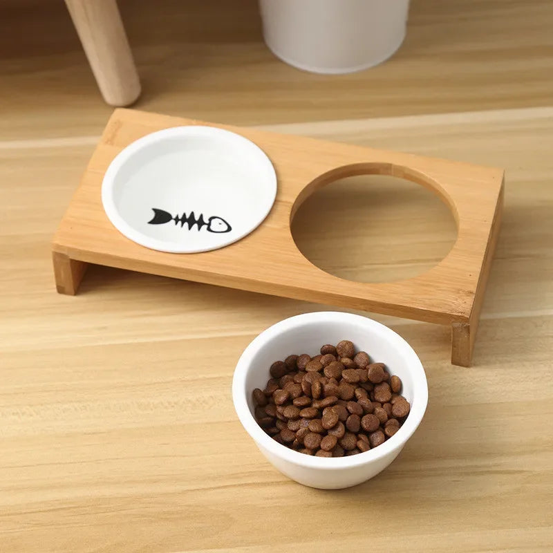 Ceramic Cat Food Bowl with Bamboo Stand